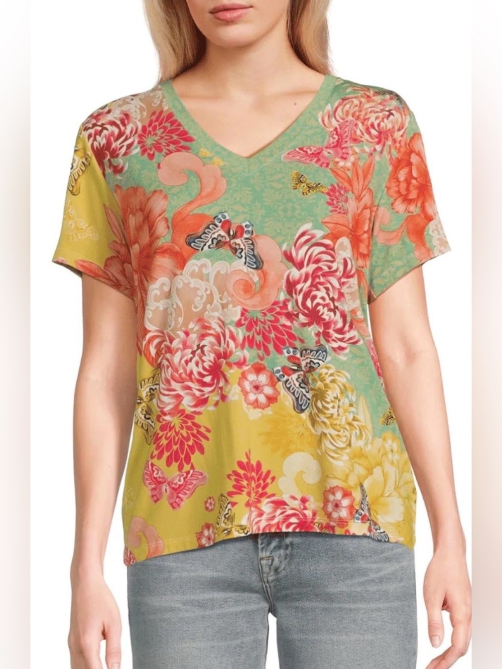 Johnny Was Janie Favourite Short Sleeve V-Neck Tee Charli Print S